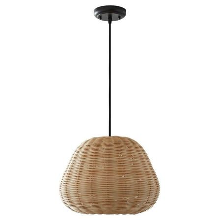 a light that is hanging from a ceiling fixture with wicker material and black metal frame