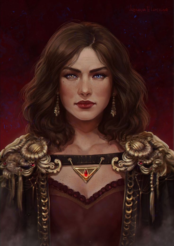 a painting of a woman with long brown hair wearing a red dress and gold jewelry