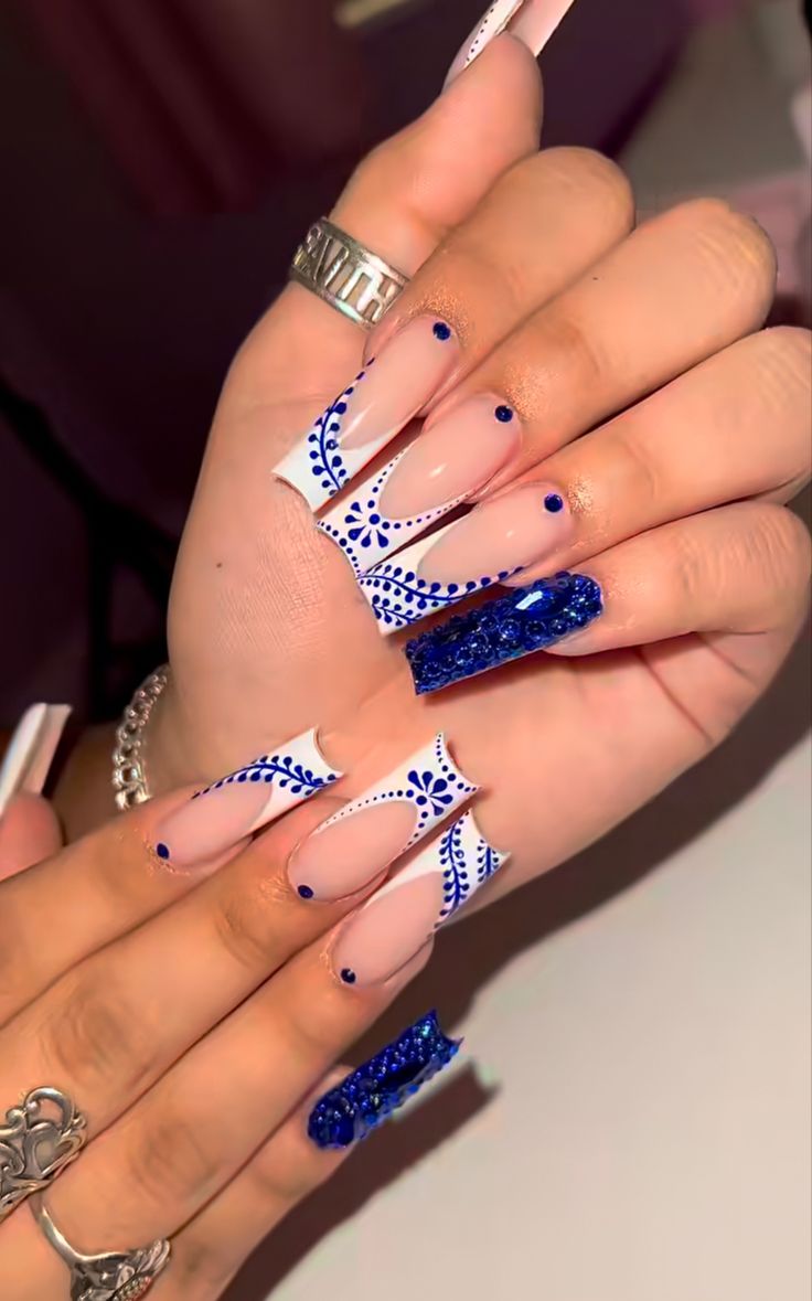 Clase Azul Acrylic Nails, Blue Tequila Nails, Graduation Nails Royal Blue, Blue And White Mexican Nails, Blue Talavera Nails, Dominican Republic Nail Designs, Cantaritos Nails, Casamigos Nails, El Salvador Nails Design