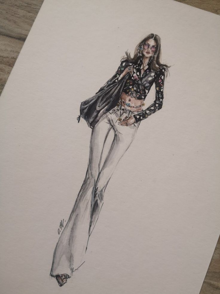 a drawing of a woman in white pants and black jacket with polka dots on her shirt