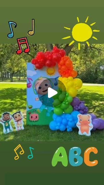 an image of children's birthday party with balloons and music