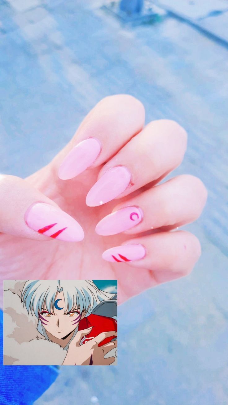 Snorlax Acrylic Nails, Inuyasha Nails Acrylic, Sesshomaru Nail Art, Nails Acrylic Anime Inspired, Inuyasha Inspired Nails, Easy Anime Nail Designs, Anime Themed Nails Acrylic, Cute Nails Anime, Anime Nails Inspiration