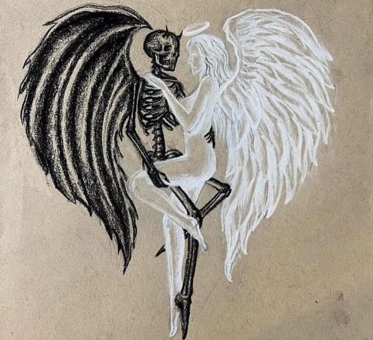 a drawing of a skeleton holding an angel