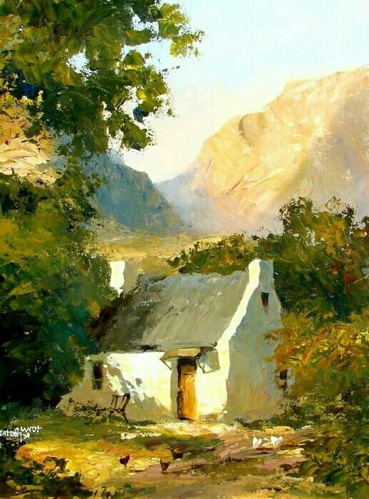 an oil painting of a cottage in the mountains