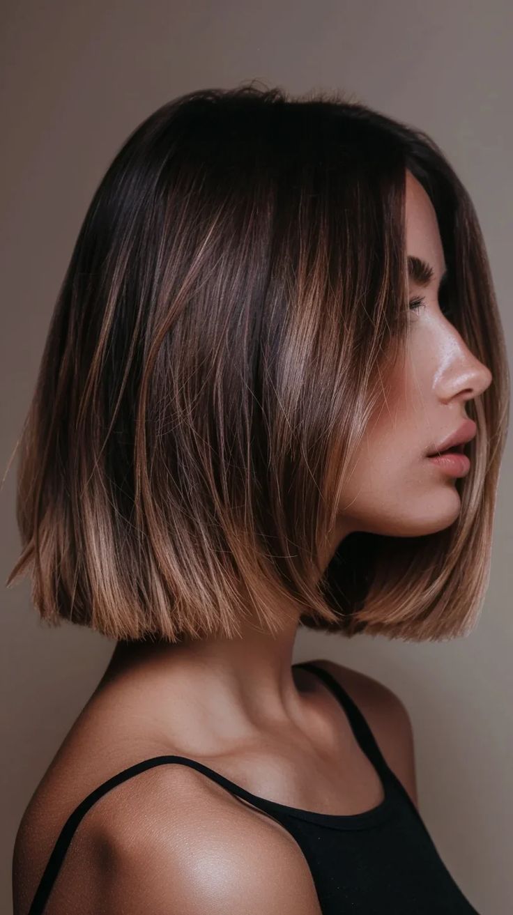 42 Princess Bob Hairstyles That Will Make You Feel Like A Queen Bob Hairstyles With Balayage, Brunette A Line Bob, Single Length Bob, Brunette Hair Long Bob, Brunette Bob Side Part, Short Rich Brown Hair, Chestnut Bob Hair, Short Hair Short Neck, Shatter Bob Haircut