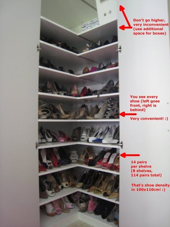 a closet with several rows of shoes on the bottom shelf and four rows of them below