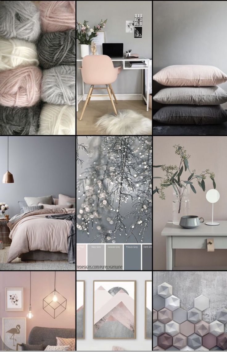 four different color schemes for a bedroom with pink, grey and white accents in it