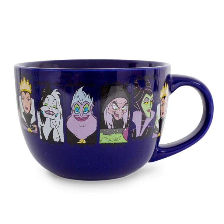 a blue coffee cup with disney characters on it