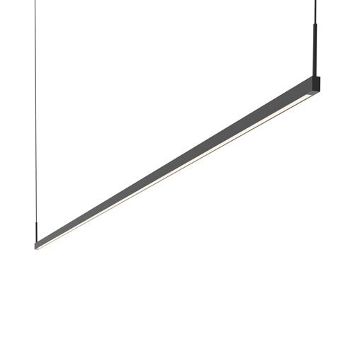 the light fixture is suspended over a white wall and has black metal bars on each end