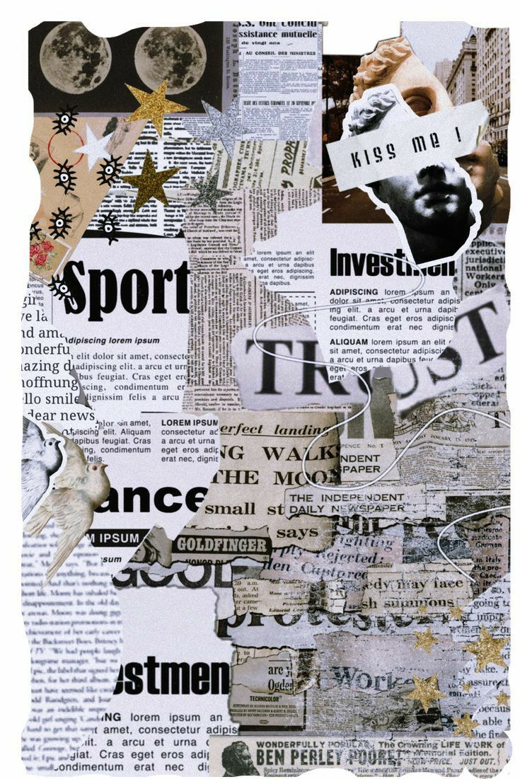 collage of newspaper paper with images of people and stars on it, including the word sport