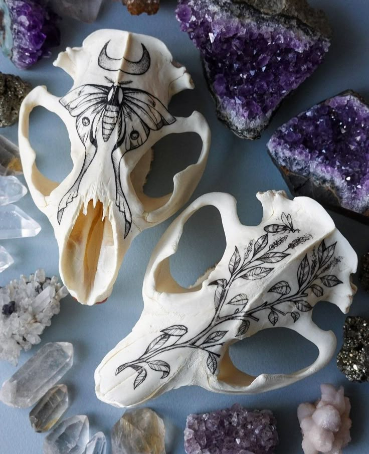 two skulls with designs on them surrounded by crystals