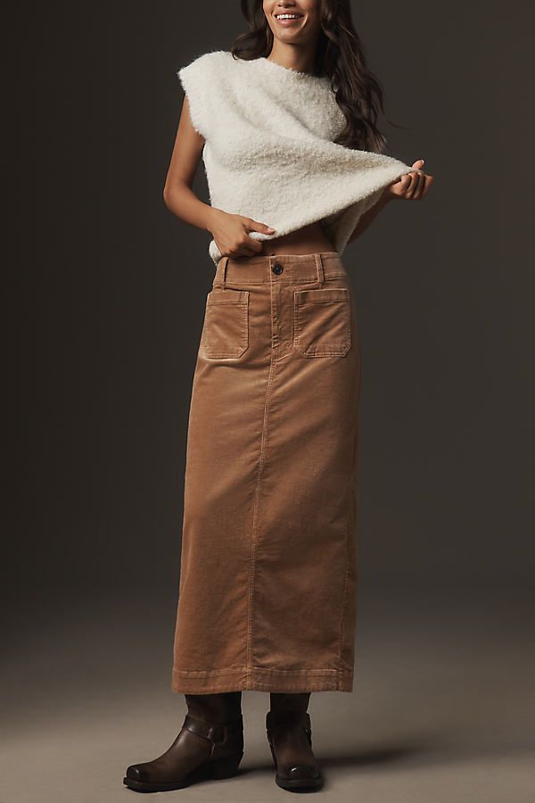 Inspired by the iconic pant, the Colette Skirt offers the same casual polish with a form-fitting high-rise silhouette and thoughtful tailoring. | The Colette Skirt by Maeve: Corduroy Maxi Edition in Brown, Women's, Size: S P, Cotton/Elastane/Tin at Anthropologie Corduroy Maxi Skirt, Back At It Again, Warrior Queen, Brown Skirts, Corduroy Skirt, Fall Skirts, Fall 2024, Denim Shirt, Long Skirt