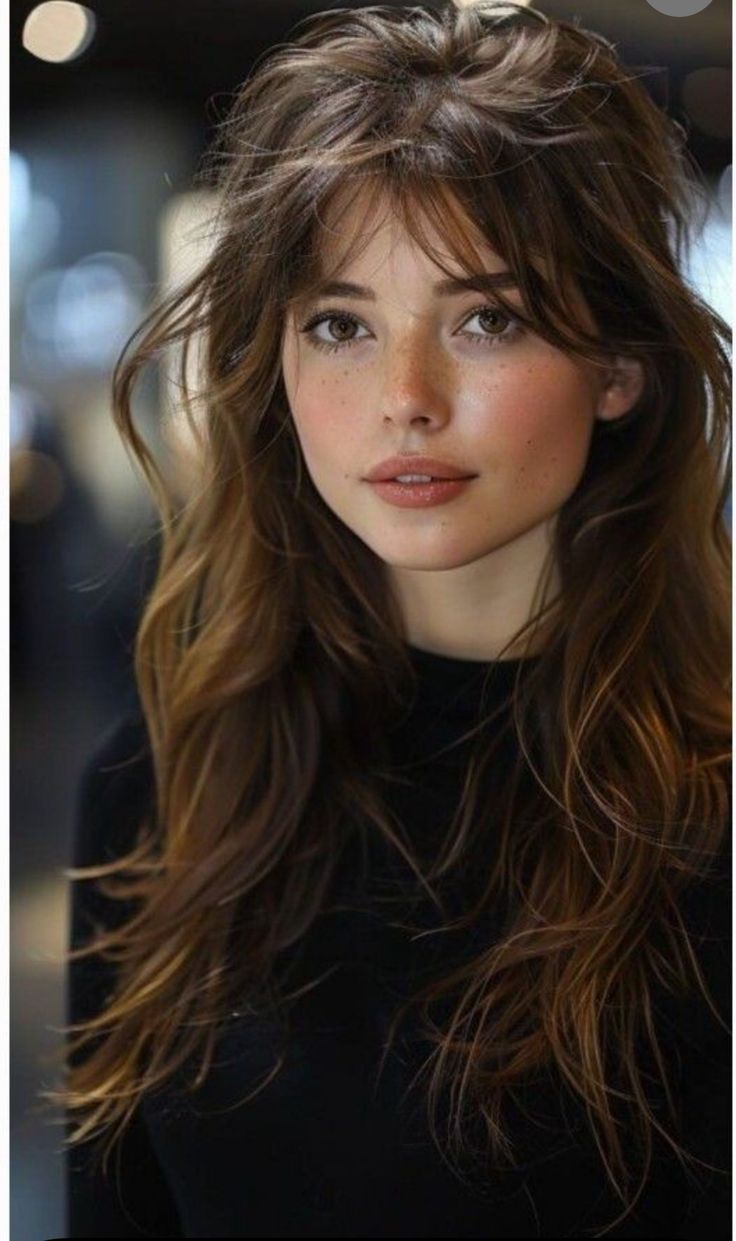 Haircuts For Long Hair With Bangs And Layers, Long Brown Hair Wispy Bangs, Wispy Bangs On Long Face, Bangs Black Hair Long, Long Hair With Bottleneck Bangs, Fairy Kissed Hair, Full Bangs Medium Hair, Super Wispy Curtain Bangs, Long Hair Wispy Curtain Bangs