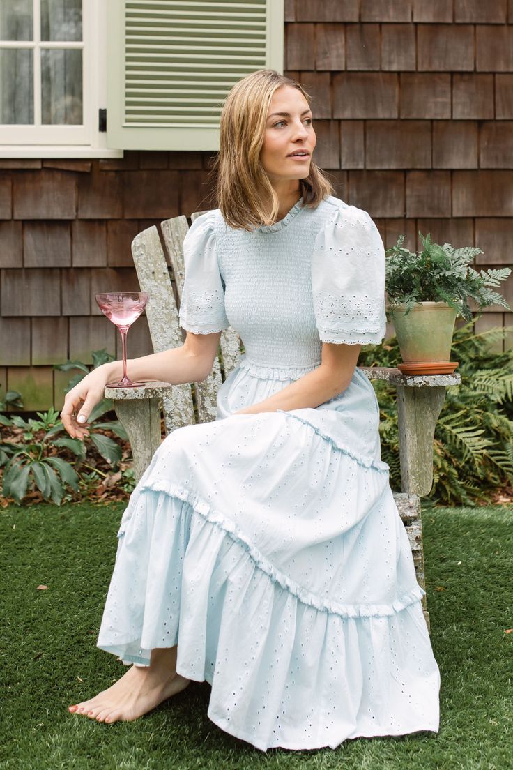 Model is 5'8 and wearing a small. Our best-selling Jolene dress is feminine ease at its finest. This smocked bodice dress allows for movement while a fluttery sleeve keeps things light and sweet. Our Icy Eyelet offers even more feminine detailing to this perennial favorite silhouette with a light blue ground and embroidered flowers and scalloping. Add in a swingy, tiered skirt that is both comfortable and flattering and you've got our dream dress (and by all accounts, yours too!) Enjoy 15% off w Church Dress Outfit, Farm Core, Church Fits, Bodice Dress, Church Dresses, Spring Women, Eyelet Dress, Modest Fashion Outfits, Light Summer