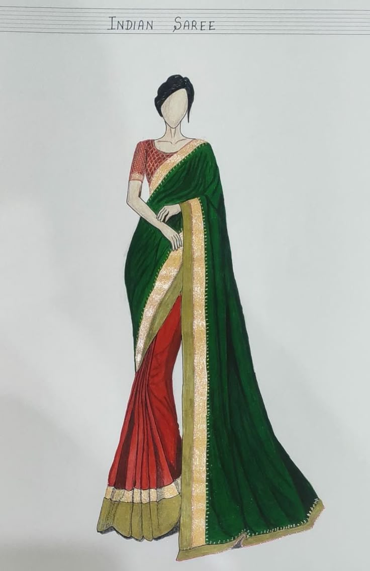 Kurti Fashion Illustration, Saree Drawing Illustration, Indian Traditional Dresses Illustration, Painting Ideas On A3 Sheet, Traditional Dresses Illustration, Saree Illustration Fashion Sketch, Saree Drawing Sketches, Sari Sketch, Saree Illustration Sketch