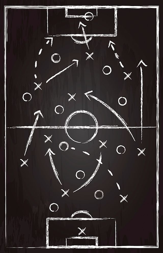 a chalk drawing of a soccer field on a blackboard with arrows and lines drawn in it