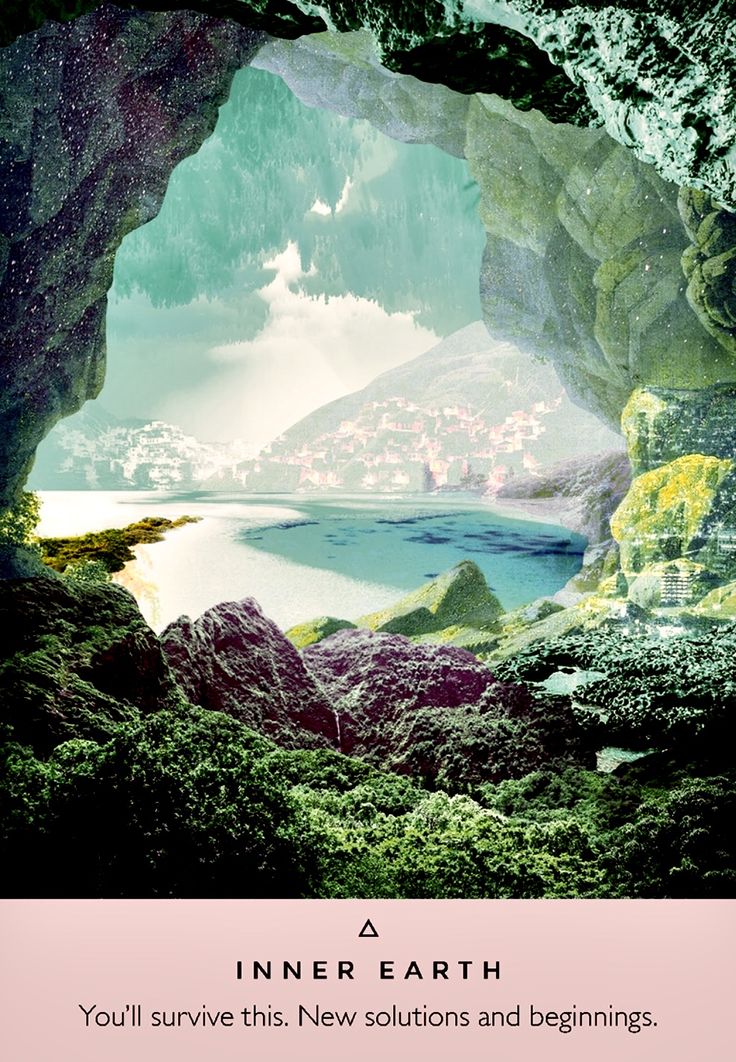 an image of the inside of a cave with water and mountains in the background, text reads inner earth you'll survive this new solutions and beginnings