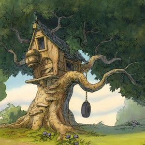 a tree house with a swing hanging from it's trunk in the middle of a field