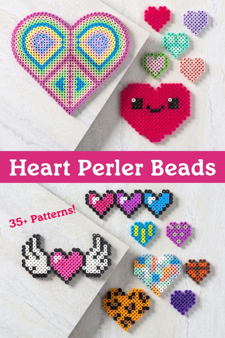 heart perler beads with different designs and colors