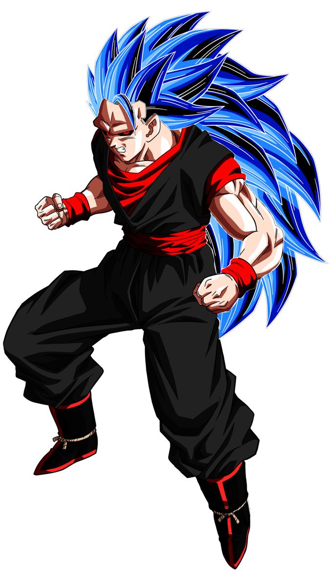 a cartoon character with blue hair and black pants is in the air, holding his arms out