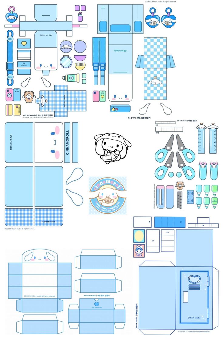 the paper doll is made up of blue and white boxes, with different items on them