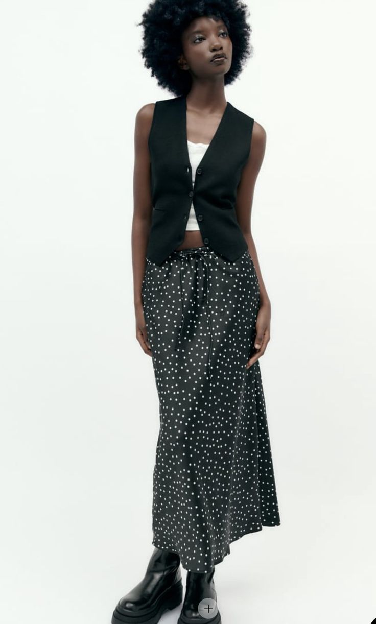 Satin Skirt Outfit, Midi Size, Polka Dot Skirt, White Midi, Dot Skirt, Satin Skirt, Skirt Black, Skirt Outfits, Satin Finish