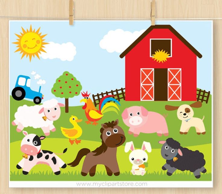 an image of farm animals in front of a red barn and blue truck on a sunny day