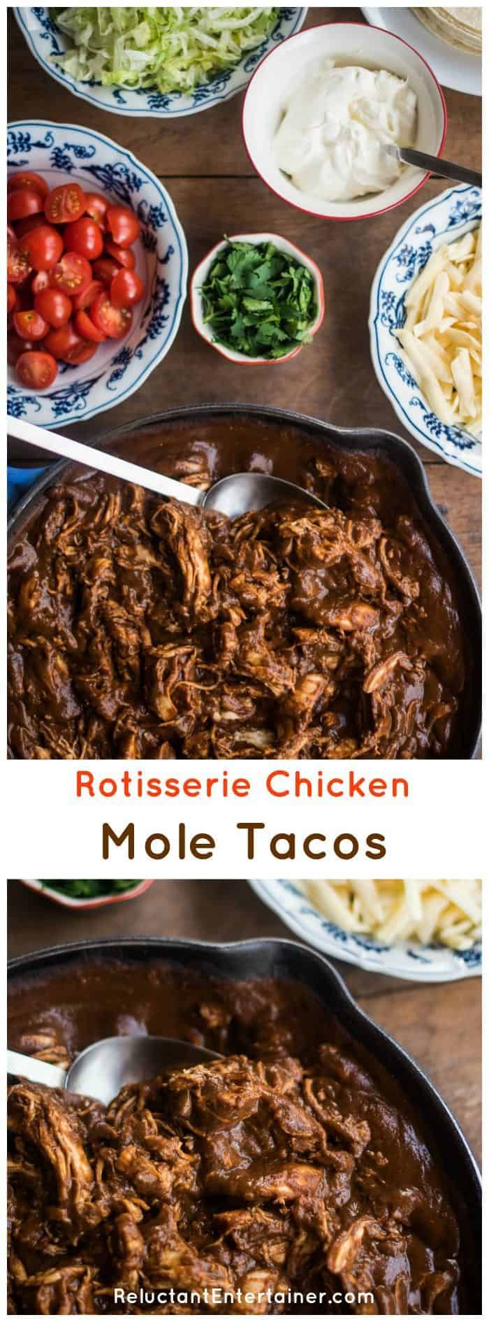 rotissee chicken mole tacos in a cast iron skillet