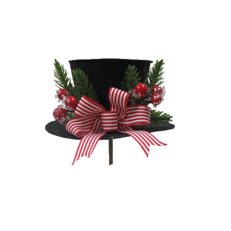 a black top hat with red and white striped ribbon, holly branches and berries on it