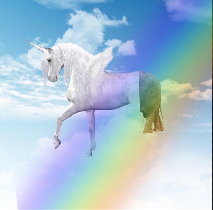 an image of a unicorn flying in the sky with a rainbow on it's back