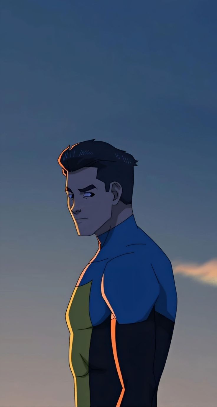 an animated man standing in front of a blue sky