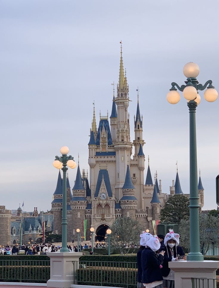 people standing in front of a castle with lights on the side and street lamps near by