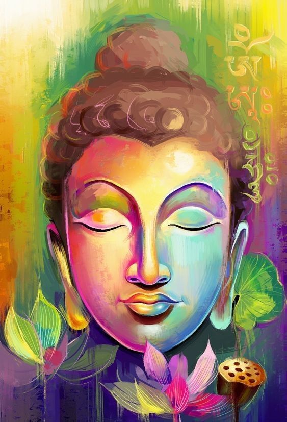 a painting of a buddha with flowers in front of it