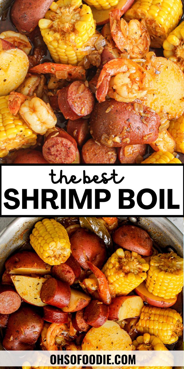 Text reads The Best Shrimp Boil Recipe! Stovetop Shrimp, Easy Shrimp Boil Recipe, Easy Shrimp Boil, Shrimp Boil Party, Cajun Seafood Boil, Homemade Breakfast Recipes, Shrimp Boil Recipe, How To Make Shrimp, Shrimp Sausage