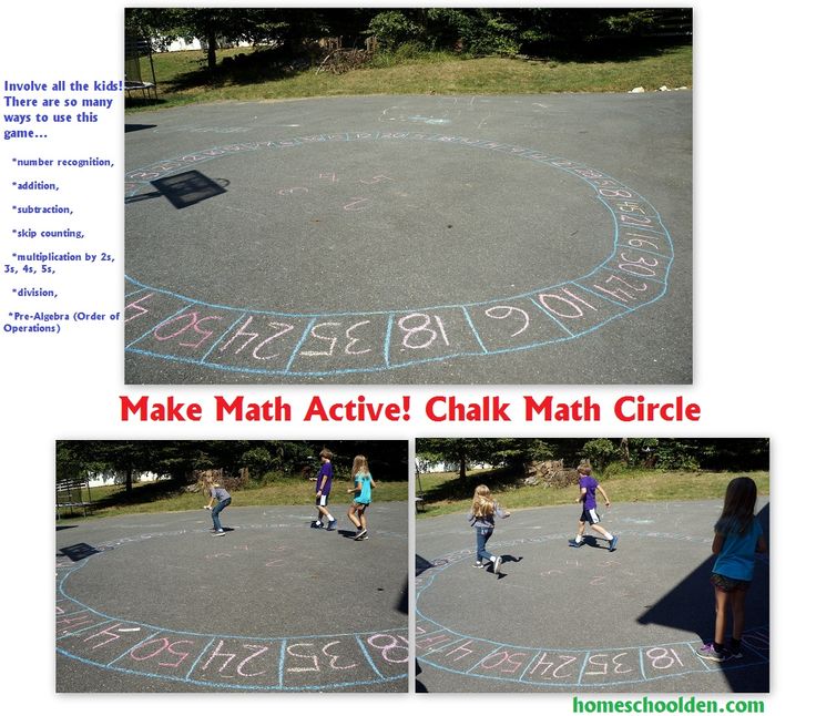 children are playing with chalk on the ground in a circle that reads make math activity chalk circle