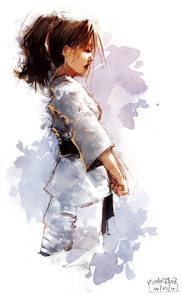 an artistic painting of a woman with her hair pulled back and wearing a white shirt