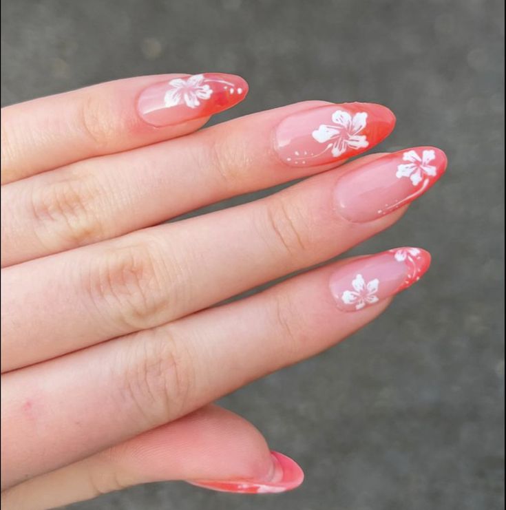 Summer Nails Hawaiian Flowers, Beachy Nails Acrylic, Hawaii Nails Ideas Hawaiian Flowers, Gel Nails Beach, Summer Beachy Nails, Summer Beach Nail Designs, Tropical Summer Nails, Australia Nails, Hawaiian Flower Nails Acrylic