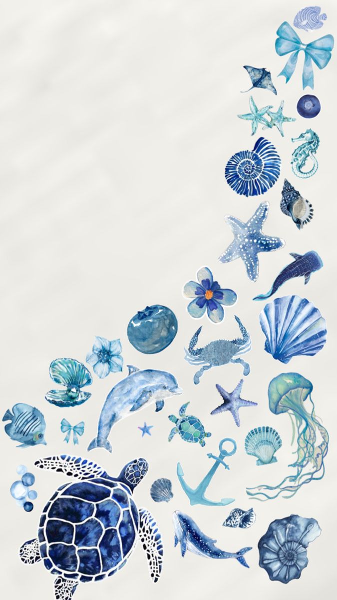 an ocean scene with sea animals, shells and other marine creatures in blue tones on a white background