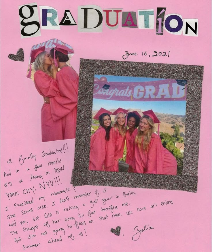 a pink graduation card with the words gradulation written on it and pictures of graduates in caps and gowns