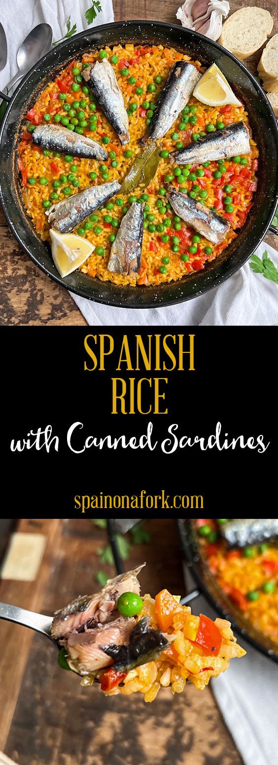 spanish rice with corn and sardines in a skillet