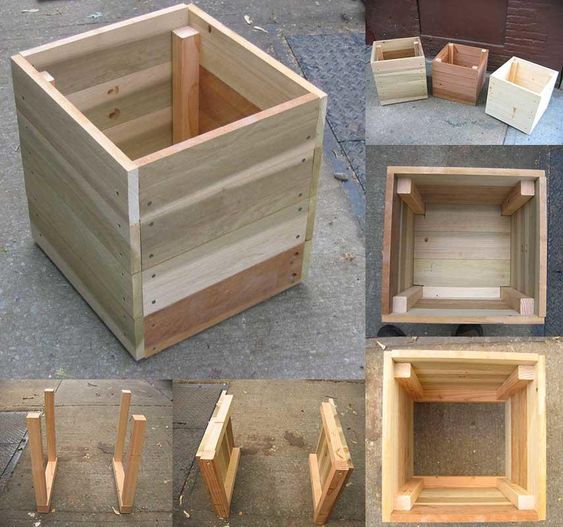 several different types of wooden boxes sitting on the ground