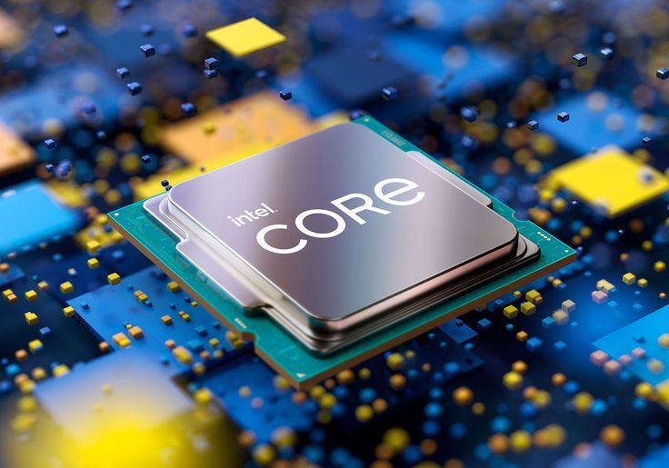 the intel core logo is displayed on top of a computer chip in front of blue and yellow squares