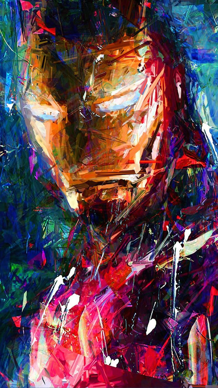 an abstract painting of a man's face and chest in blue, pink, yellow and red colors