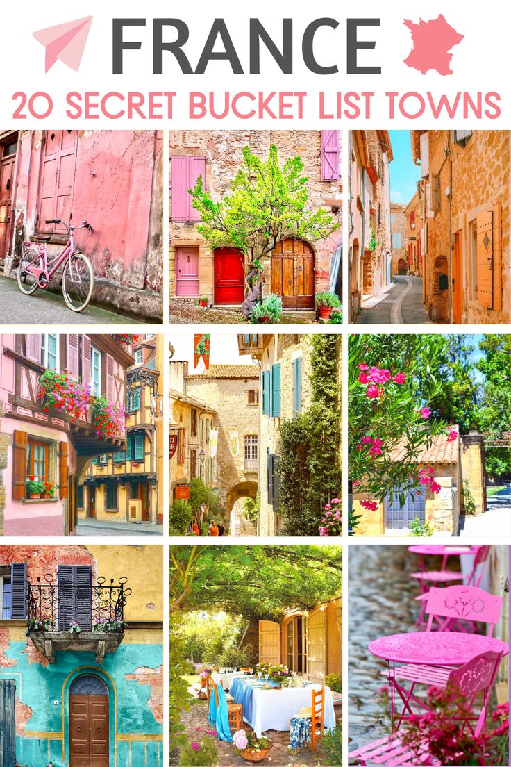 the cover of france's 20 secret bucket list towns, including pink chairs and flowers