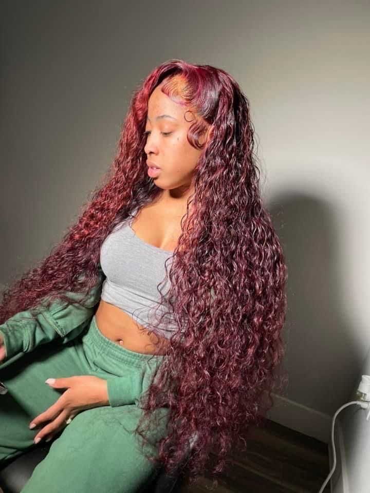 Colored Curly Wigs For Black Women, Free Part Deep Wave Wig, Burgundy Water Wave Wig, Colored Curly Wig, Girl Hair Colors, Frontal Wig Hairstyles, Wig Install, Wig Colors, Protective Hairstyles Braids