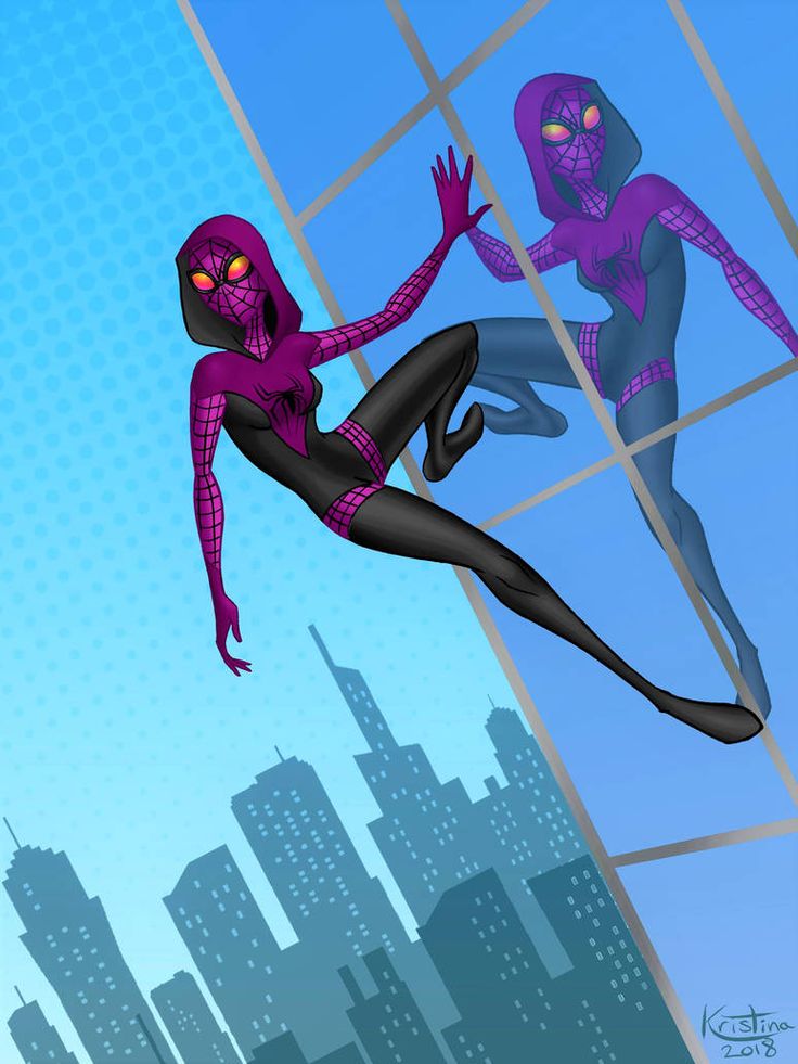 two spider - man standing in front of a window with cityscape behind them