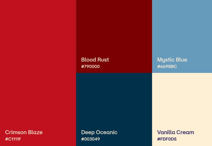 red, blue and white color palettes with the words'blood rust'on them