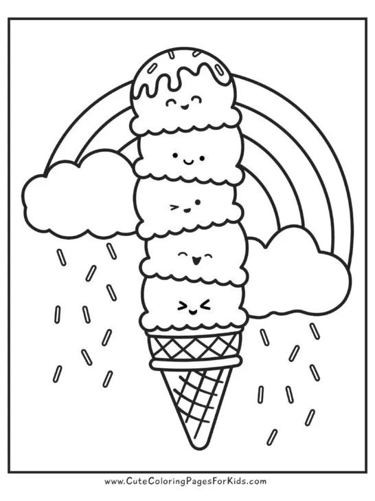 an ice cream cone with sprinkles and rainbow in the background coloring page