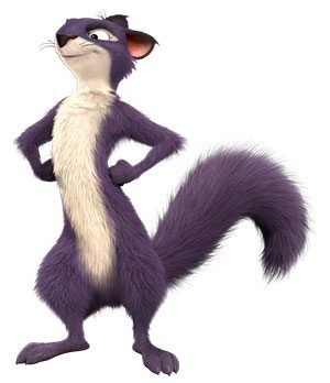 a purple and white furry animal standing on its hind legs with his hands on his hips