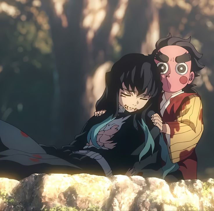 an anime scene with two people laying on the ground